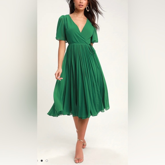 Green Pleated Midi Wrap Dress Size Small - Picture 4 of 9